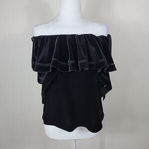 Rachel Zoe Top Women 2 Black Velour Off Shoulder Flutter Gaia Luxury Fairy Grung